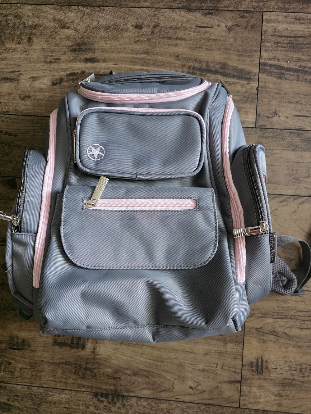 J is for JEEP Backpack Diaper Bag Grey And Pink Lots Of Pockets